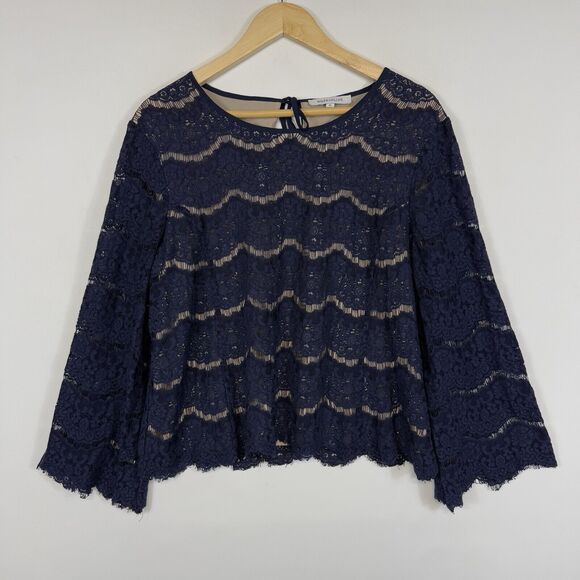 Rose & Olive Tops - Rose + Olive Top Women XL‎ Navy Blue Lace Fringe Flare Shirt Whimsigoth Dramatic